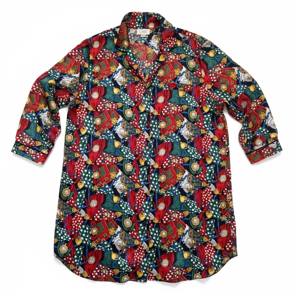 Vintage Satin Nightgown Pajama Shirt Luxury Print Cypress L/XL
